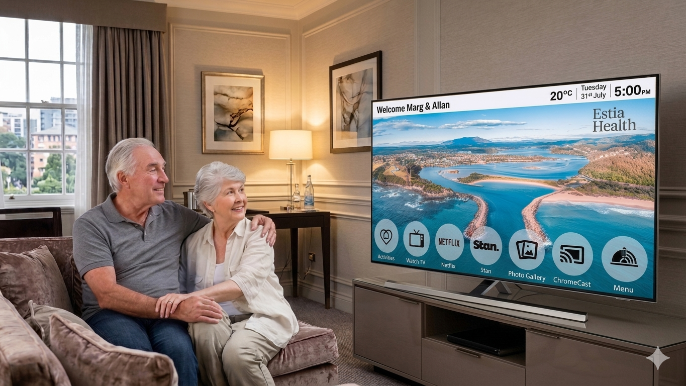 Elderly couple using patient TV in aged care facility