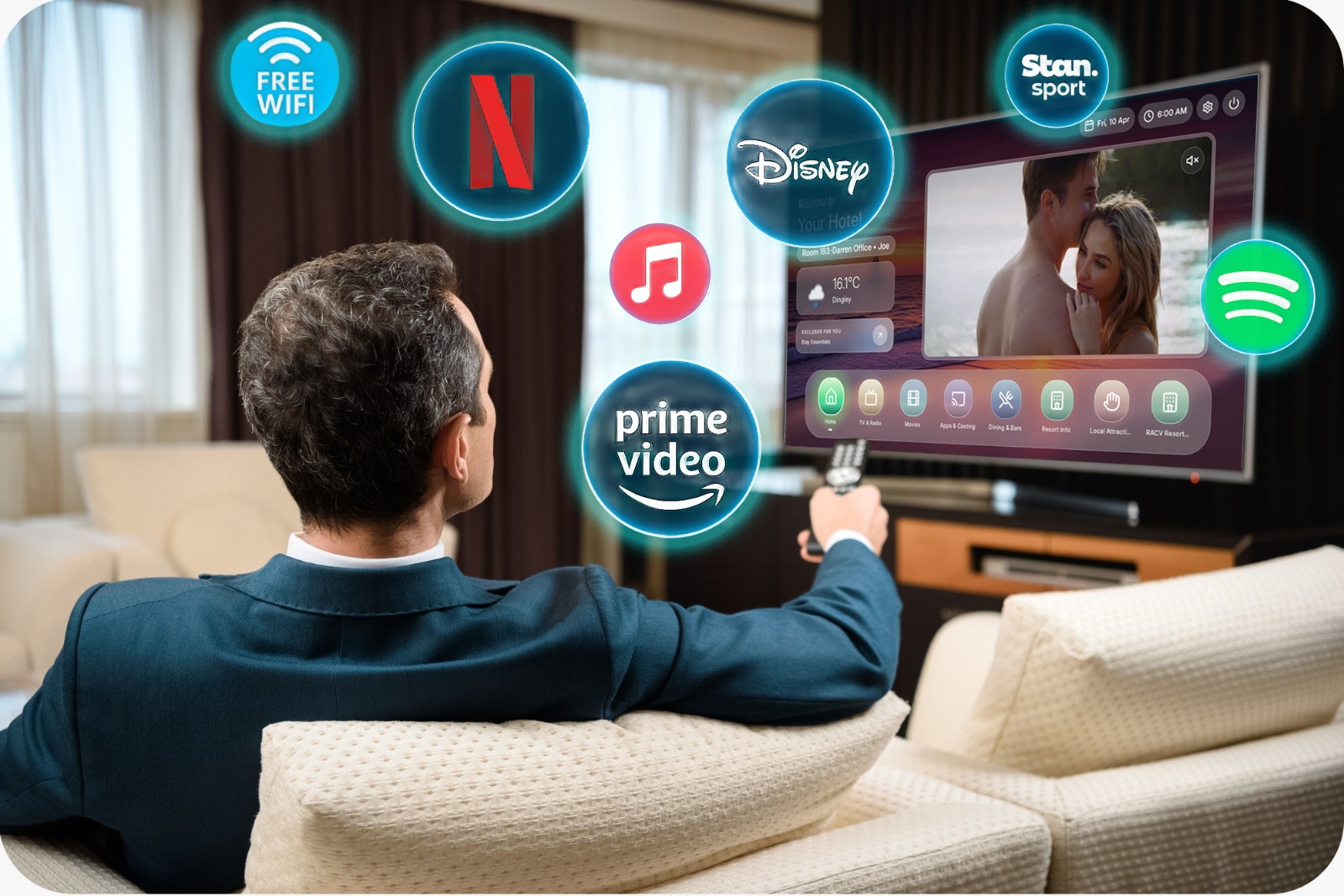 Hotel guest watching smart TV with streaming services